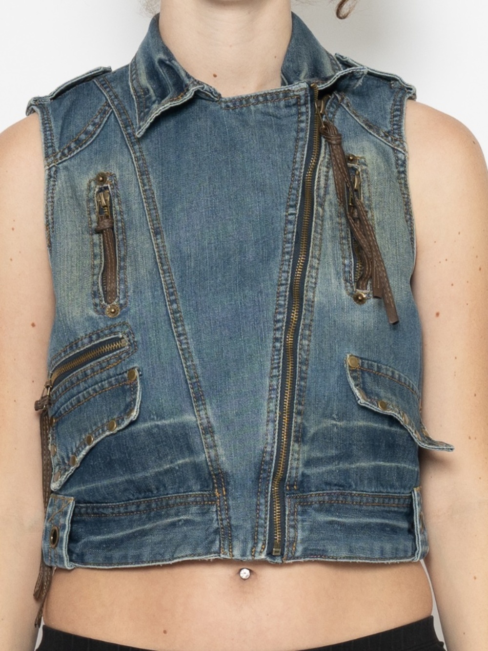 Y2k cropped denim vest studded zip up size large lareine cotton